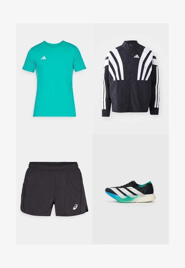Svart jakke med høy krage, hel glidelås og markante hvite skråstriper på ermene. Laget av lett stoff med en glatt tekstur.; Turkise treningstopp laget av glatt stoff, med korte ermer, rund hals og en hvit logo på venstre bryst.; Svart treningsshorts med elastisk midjebånd, med en slisse på siden og en hvit logo nederst til høyre foran. Lett og glatt tekstur.; Svart idrettssko med hvite striper, teal grønne detaljer og en gradient såle fra blå til grønn. Lettvektsdesign med teksturert overdel.