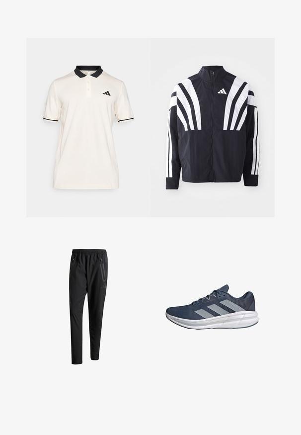 Mustat takki, jossa on korkea kaulus, täysivetoketju ja erittäin näkyvät valkoiset vinoraidat hihoissa. Valmistettu keveästä kankaasta, jolla on sileä rakenne.; Kerman pusero, jossa on musta kaulus ja raidat. Kolmen napin miehustan. Vasemmassa rinnassa musta Adidas-logo. Pehmeä kangas.; Mustat urheiluhousut, joissa on joustava vyötärö, kaksi vetoketjullista sivutaskua, kapenevat lahkeet ja hillitty logokuvaus lonkalla.; adidas Performance QUESTAR - Katujuoksukengät - preloved ink halo silver shadow navy