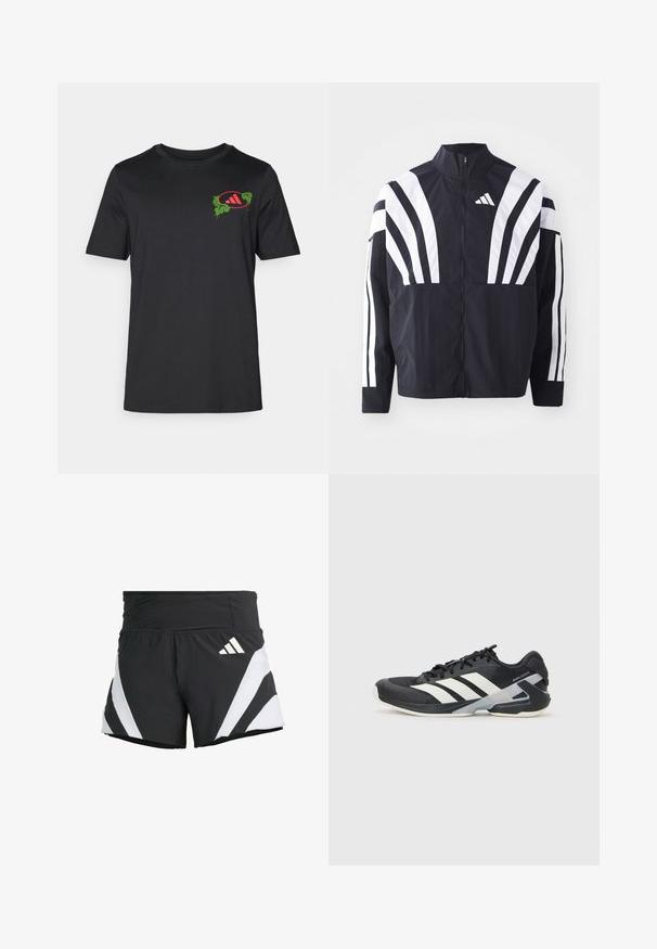 Mustrün mustaga, kõrge krae, täispikk tõmblukk ja julged valged diagonaalsed triibud varrukatel. Valmistatud kergest kangast, millel on sile tekstuur.; Must mustshirt mustatask kanni kaelusega. Vasakul rinnal on värvikas roheline ja punane graafiline kujundus, mis sisaldab palmi lehti ja logo.; adidas Performance ADIZERO A M - Spordišortsid - black; Mustad sportlik jalanõud mustade värvidega, valgete triipudega, võrgusilma pealmine osa, ümar varvas ja pehme tallaga. Omab tekstureeritud kontsa ja kindlat paeltesüsteemi.