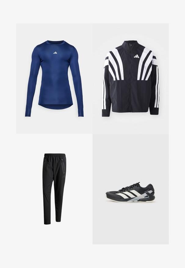 Juodas švarkas su aukštu kaklu, pilnu užtrauktuku ir ryškiomis baltomis įstrižomis juostelėmis ant rankovių. Pagamintas iš lengvos medžiagos su lygiu paviršiumi.; Tamsiai mėlynas ilgo rankovės sportinis marškinėlis; lygus, elastingas audinys; apvalus iškirpimas; su mažu baltu logotipu ant krūtinės; prigludusi konstrukcija.; Juodi sportiniai šortai su elastiniu juosmeniu, dviem užtrauktukais šoniniais kišenėmis, siaurėjančiomis kojomis ir subtiliu logotipo detaliu ant klubo.; Juoda sportinė avalynė su baltais dryžiais, tinklinis viršus, apvalus pirštas ir paminkštinta padais. Yra tekstūruota kulno dalis ir saugi raištelių sistema.