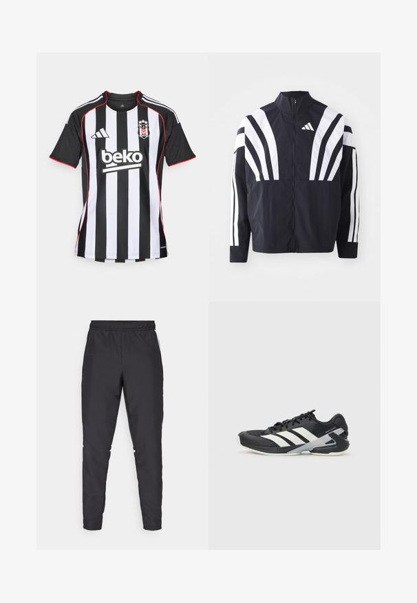 Fekete dzseki magas gallérral, teljes cipzárral és merész, fehér, átlós csíkokkal az ujjakon. Könnyű anyagból készült, sima tapintással.; adidas Performance BESIKTAS 25/26 AWAY JERSEY - Futballmez - black; Fekete sportnadrág, rugalmas derékkal, szűkített szárakkal és fehér oldalszegésekkel. Szinétikus anyagból készült, sima tapintással.; Fekete sportcipő fehér csíkokkal, hálós felsőrész, kerek orr és párnázott talp. Texturált sarokkal és biztonságos fűzőrendszerrel rendelkezik.