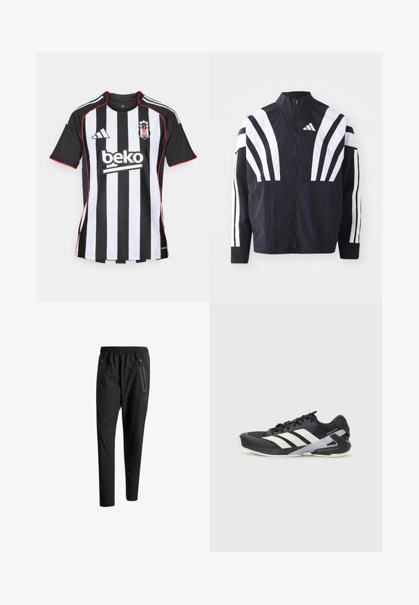 Črna jakna z visokim ovratnikom, popolnim zadrgo in boldnimi belimi diagonalnimi črtami na rokavih. Narejena iz lahkega materiala z gladko teksturo.; adidas Performance BESIKTAS 25/26 AWAY JERSEY - Nogometni dres - black; Črne športne hlače z elastičnim pasom, dvema žepoma na zadrgo ob strani, zoženimi hlačnicami in diskretnim logotipom na boku.; Črne atletske čevlje z belimi črtami, mrežastim zgornjim delom, zaobljenim nosom in blaženim podplatom. Imajo teksturiran petni del in varen sistem vezalk.