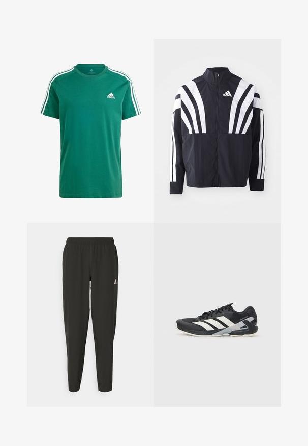 Melna jakas ar augstu apkakli, pilnu rāvējslēdzēju un drosmīgām baltām diagonālām svītrām uz piedurknēm. Izgatavota no viegla auduma ar gludu tekstūru.; Zaļš kokvilnas T-krekls ar baltu trīsrindu plecu dizainu un mazu logotipu kreisajā krūtīs. Klasisks apaļais kakls un īsās piedurknes.; Melnas sporta bikses ar elastīgu jostasvietu, pārslīdējošu piegriezumu un baltu logotipu uz kreisā kāja. Gluda, viegla auduma struktūra.; Melnas sporta kurpes ar baltām svītrām, acs augšdaļa, noapaļots pirksts un mīksts zole. Iespējams ar teksturētu papēdi un drošu šņoru sistēmu.