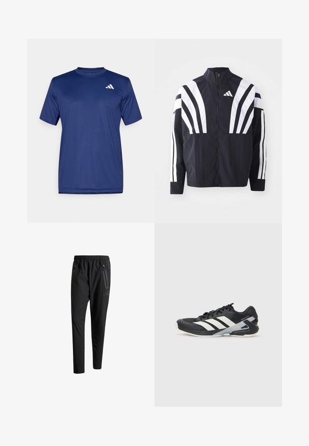 Svart jakke med høy krage, hel glidelås og markante hvite skråstriper på ermene. Laget av lett stoff med en glatt tekstur.; Marineblå kortermet treningstrøye laget av glatt stoff. Har en hvit logo på øvre venstre side. Rund halsdesign.; Svarte treningsbukser med elastisk liv, to glidelåslommer på sidene, avsmalnende ben og en subtil logo detalj ved hoften.; Svart treningssko med hvite striper, mesh-overdel, avrundet tå og polstret såle. Har en teksturert hæl og et sikkert snøresystem.