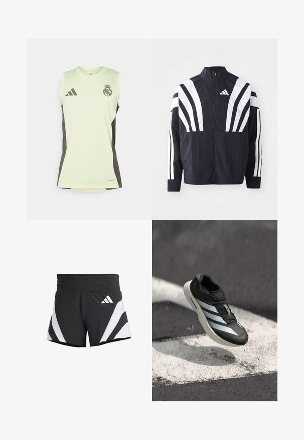 Giacca nera con colletto alto, zip completa e audaci strisce diagonali bianche sulle maniche. Realizzata in tessuto leggero con una texture morbida.; Canotta verde chiaro senza maniche con pannelli laterali grigi scuri, caratterizzata dal crest di Real Madrid e dal logo Adidas, realizzata in tessuto traspirante.; adidas Performance ADIZERO A M - Pantaloncini sportivi - black; Scarpa da atleta nera con tre strisce bianche, parte superiore texturizzata, design elegante e suola curva, posizionata sopra una linea bianca sull'asfalto.