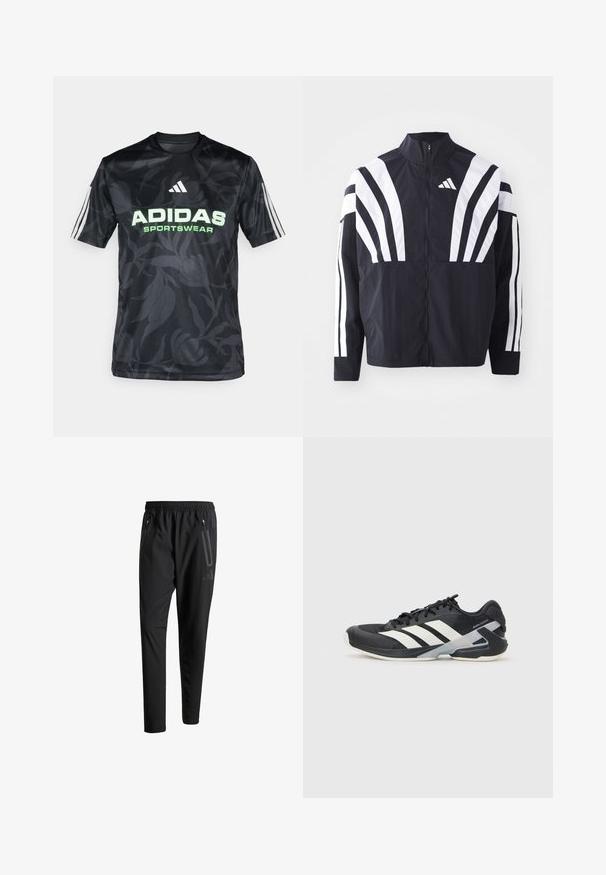Juodas švarkas su aukštu kaklu, pilnu užtrauktuku ir ryškiomis baltomis įstrižomis juostelėmis ant rankovių. Pagamintas iš lengvos medžiagos su lygiu paviršiumi.; adidas Sportswear Marškinėliai su spaudiniu - multicolor/carbon/black; Juodi sportiniai šortai su elastiniu juosmeniu, dviem užtrauktukais šoniniais kišenėmis, siaurėjančiomis kojomis ir subtiliu logotipo detaliu ant klubo.; Juoda sportinė avalynė su baltais dryžiais, tinklinis viršus, apvalus pirštas ir paminkštinta padais. Yra tekstūruota kulno dalis ir saugi raištelių sistema.