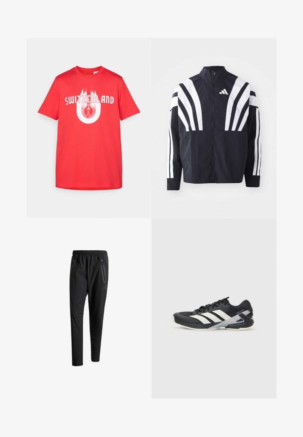 Čierna bunda s vysokým golierom, plným zipsom a výraznými bielymi diagonálnymi pruhmi na rukávoch. Vyrobená z ľahkého materiálu s hladkou textúrou.; Červené bavlnené tričko s nápisom "ŠVAJČIARSKO" v bielej farbe, so zaobleným grafickým dizajnom, ktorý obsahuje švajčiarsky logo. Krátke rukávy.; Čierne športové nohavice s elastickým pásom, dvoma bočnými zipsovými vreckami, zužujúcimi sa nohavicami a nenápadným detailom loga na bokoch.; Čierna športová obuv s bielymi pruhmi, sieťovinový zvršok, zaoblená špička a polstrovaná podrážka. Obsahuje štruktúrovaný opätok a bezpečný systém šnurovania.