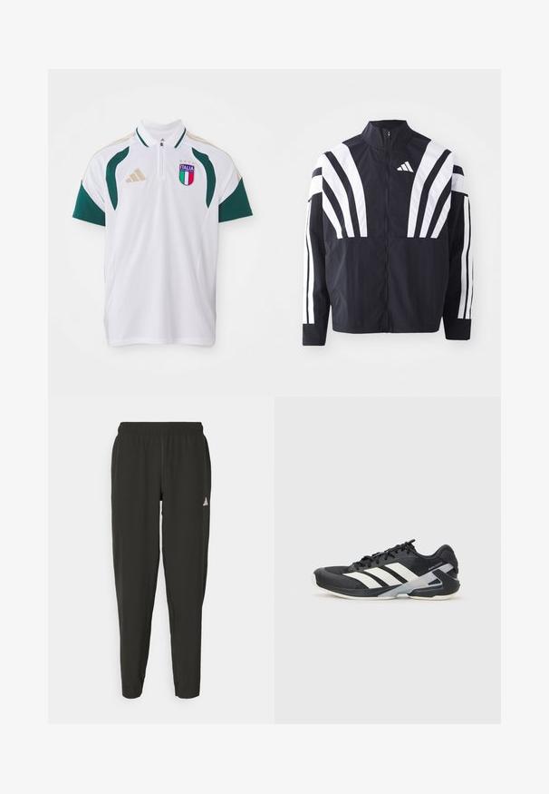 Giacca nera con colletto alto, zip completa e audaci strisce diagonali bianche sulle maniche. Realizzata in tessuto leggero con una texture morbida.; Maglietta polo bianca con dettagli verdi, maniche corte e colletto con zip. Presenta il logo "ITALIA" e tre stelle sopra di esso. Logo adidas sulla spalla.; Pantaloni sportivi neri con elastico in vita, taglio aderente e logo bianco sulla gamba sinistra. Tessuto liscio e leggero.; Scarpa sportiva nera con strisce bianche, tomaia in rete, punta arrotondata e suola ammortizzata. Presenta un tallone testurizzato e un sistema di allacciatura sicuro.