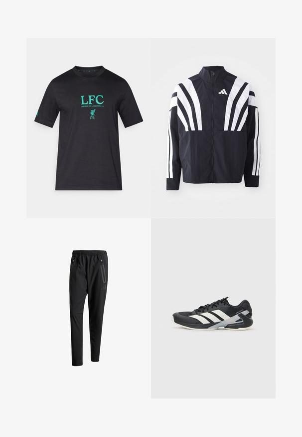 Schwarze Jacke mit hohem Kragen, durchgehendem Reißverschluss und kräftigen weißen diagonalen Streifen an den Ärmeln. Aus leichtem Stoff mit glatter Textur gefertigt.; Schwarzes Kurzarm-T-Shirt mit türkisfarbenem "LFC"-Text und Logo, Rundhalsausschnitt, glattes Baumwollmaterial, mit einem dezenten Markenakzent am Ärmel.; Schwarze Sporthose mit elastischem Bund, zwei Reißverschlusstaschen an den Seiten, schmal zulaufenden Beinen und einem dezenten Logo-Detail an der Hüfte.; Schwarzer Sportschuh mit weißen Streifen, Obermaterial aus Mesh, runde Zehenform und gepolstertem Sohlenteil. Verfügt über eine strukturierte Ferse und ein sicheres Schnürsystem.