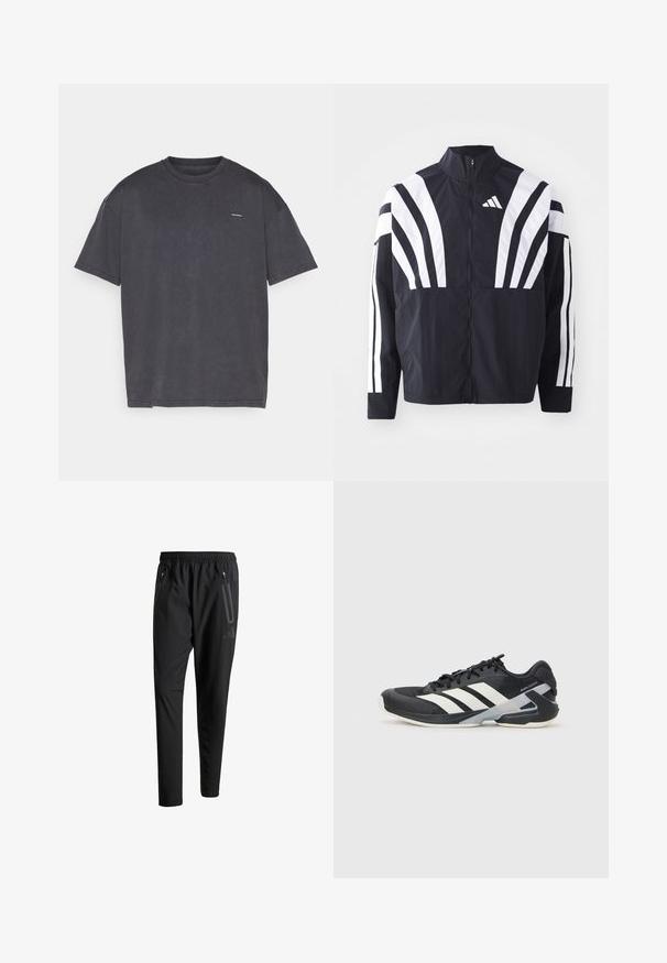 Svart jakke med høy krage, hel glidelås og markante hvite skråstriper på ermene. Laget av lett stoff med en glatt tekstur.; Mørkegrå kortermet t-skjorte, laget av bomull, med rund hals og en liten logo på forsiden. Myk tekstur og avslappet passform.; Svarte treningsbukser med elastisk liv, to glidelåslommer på sidene, avsmalnende ben og en subtil logo detalj ved hoften.; Svart treningssko med hvite striper, mesh-overdel, avrundet tå og polstret såle. Har en teksturert hæl og et sikkert snøresystem.