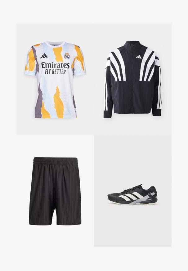 Černá bunda s vysokým límcem, plným zipem a výraznými bílými šikmými pruhy na rukávech. Vyrobena z lehké látky s hladkou texturou.; Bílý fotbalový dres s abstraktními vzory v oranžové, modré a šedé barvě. Obsahuje logo "Emirates Fly Better" a pruhy Adidas na rukávech.; Černé kraťasy s elastickým pasem, s vertikálními pruhy a lehkým, texturovaným materiálem. Délka do poloviny stehna.; Černá sportovní obuv s bílými pruhy, síťovaným svrškem, zaoblenou špičkou a polstrovanou podrážkou. Obsahuje texturovanou patu a bezpečný systém šněrování.
