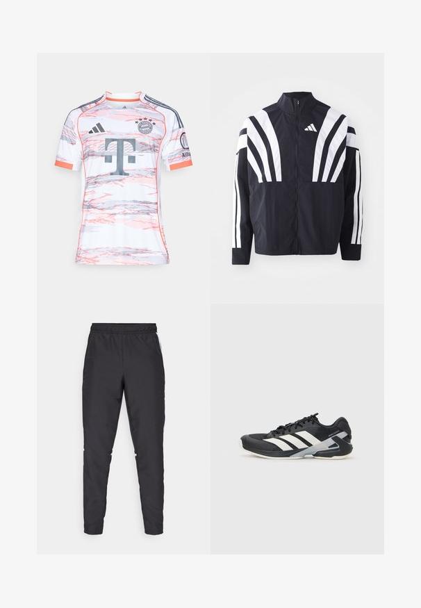 Jachetă neagră cu guler înalt, fermoar complet și dungi diagonale albe îndrăznețe pe mâneci. Fabricată dintr-un material ușor, cu o textură netedă.; Tricou de fotbal cu mânecă scurtă, alb, cu modele abstracte în nuanțe de roz și gri, având guler rotund, logo Adidas și emblema Bayern Munich.; Pantaloni de sport negri cu talie elastică, picioare conice și accente laterale albe. Fabricat din material sintetic cu o textură netedă.; Pantofii sport negri cu dungi albe, superior din plasă, vârf rotunjit și talpă îmbunătățită pentru amortizare. Au o călcătură texturată și un sistem de șireturi securizat.