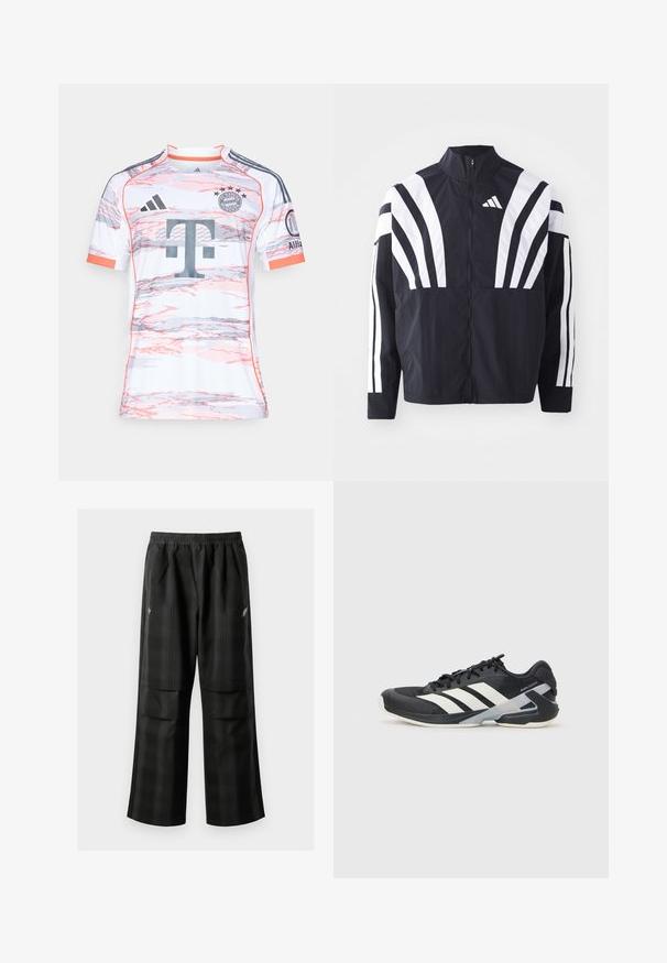 Črna jakna z visokim ovratnikom, popolnim zadrgo in boldnimi belimi diagonalnimi črtami na rokavih. Narejena iz lahkega materiala z gladko teksturo.; Kratke rokave bele nogometne majice z rožnatimi in sivo abstraktnimi vzorci, z okroglim ovratnikom, Adidasovim logotipom in grbom Bayerna iz Münchna.; Črne karirane hlače z elastičnim pasom, dvema sprednjima žepoma in ohlapnim krojem s pravimi nogavicami. Narejene so iz lahke tkanine.; Črne atletske čevlje z belimi črtami, mrežastim zgornjim delom, zaobljenim nosom in blaženim podplatom. Imajo teksturiran petni del in varen sistem vezalk.