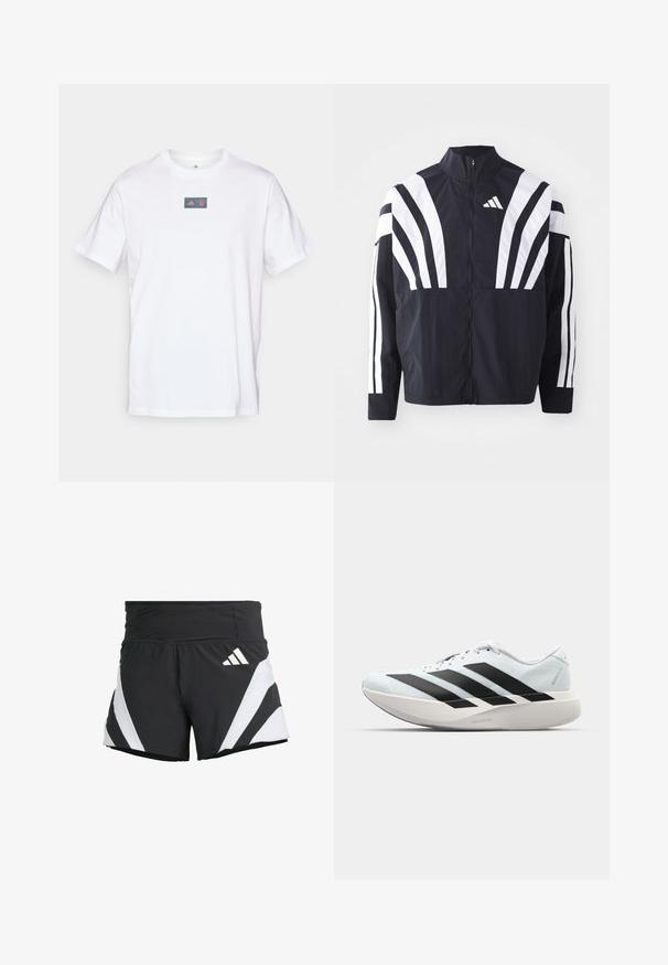 Schwarze Jacke mit hohem Kragen, durchgehendem Reißverschluss und kräftigen weißen diagonalen Streifen an den Ärmeln. Aus leichtem Stoff mit glatter Textur gefertigt.; Weißes Baumwoll-T-Shirt mit Rundhalsausschnitt. Verfügt über ein rechteckiges Logo mit einem roten und blauen Design auf der Brust. Kurze Ärmel. Normale Passform.; adidas Performance ADIZERO A M - Kurze Sporthose - black; Leichte Laufschuhe in hellblau mit schwarzen Streifen. Sie verfügen über ein glattes Obermaterial, eine runde Zehenpartie und eine dicke weiße Zwischensohle, die mit "LIGHTSTRIKE PRO" beschriftet ist.