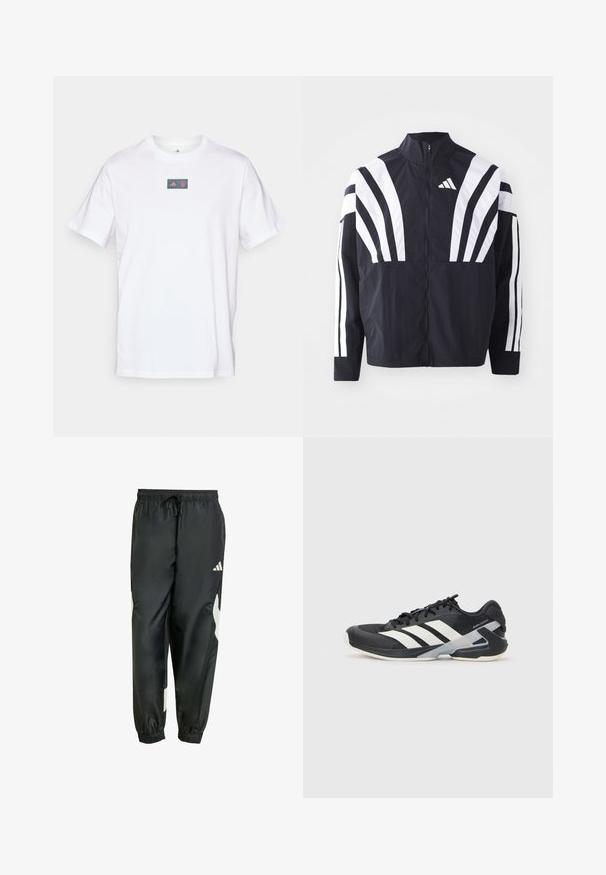 Zwarte jasje met een hoge kraag, volledige rits en gedurfde witte diagonale strepen op de mouwen. Gemaakt van lichtgewicht stof met een gladde textuur.; Witte katoenen t-shirt met een ronde hals. Heeft een rechthoekig logo met een rood en blauw ontwerp op de borst. Korte mouwen. Standaard pasvorm.; Zwarte sportbroek met een elastische tailleband, verstelbaar trekkoord en witte zijaccenten. Gemaakt van een gladde, lichte stof.; Zwarte sportschoen met witte strepen, bovenwerk van mesh, ronde neus en geveerde zool. Heeft een getextureerde hak en een veilig vetersysteem.