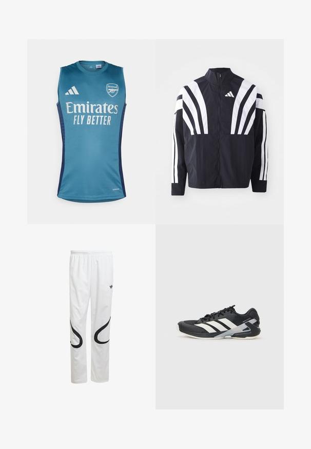 Veste noire avec un col montant, fermeture éclair sur toute la longueur et de larges rayures blanches diagonales sur les manches. Fabriquée en tissu léger avec une texture lisse.; Débardeur aqua sans manches mettant en avant le logo d'Arsenal, le texte "Emirates Fly Better" et des accents latéraux bleu marine. Fabriqué en tissu lisse.; Pantalons de sport blancs avec une texture lisse, présentant des motifs courbés noirs sur les côtés et un logo noir près de la taille.; Chaussure de sport noire avec des rayures blanches, tige en mesh, bout arrondi et semelle rembourrée. Comprend un talon texturé et un système de laçage sécurisé.