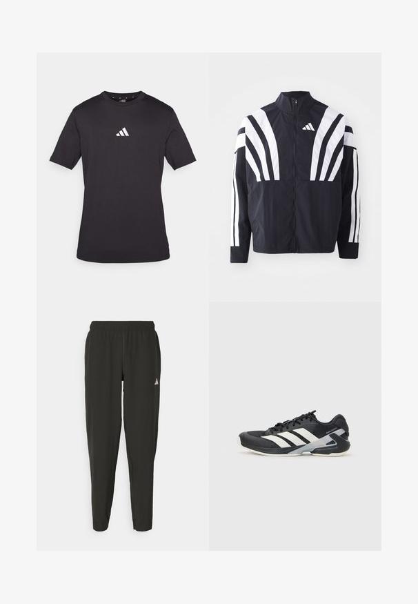 Fekete dzseki magas gallérral, teljes cipzárral és merész, fehér, átlós csíkokkal az ujjakon. Könnyű anyagból készült, sima tapintással.; Fekete, rövid ujjú pamut póló, fehér Adidas logóval a mellkason, kerek nyakkivágással és standard fazonnal.; Fekete sportnadrág rugalmas derékrésszel, vékony szabással és fehér logóval a bal lábszáron. Sima, könnyű anyag.; Fekete sportcipő fehér csíkokkal, hálós felsőrész, kerek orr és párnázott talp. Texturált sarokkal és biztonságos fűzőrendszerrel rendelkezik.