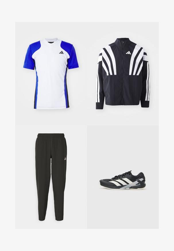 Czarna kurtka z wysokim kołnierzem, pełnym zamkiem błyskawicznym oraz wyrazistymi białymi ukośnymi paskami na rękawach. Wykonana z lekkiej tkaniny o gładkiej fakturze.; Koszulka sportowa z krótkim rękawem w kolorze białym z niebieskimi rękawami, z czarnymi akcentami po bokach i małym czarnym logo na piersi. Gładkie wykończenie materiału.; Czarne spodnie sportowe z elastycznym pasem, dopasowane do sylwetki, z białym logo na lewym nogawce. Gładki, lekki materiał.; Czarne buty sportowe z białymi paskami, siateczkowa cholewka, zaokrąglony czubek i amortyzowana podeszwa. Posiadają teksturowany obcas i pewny system sznurowania.
