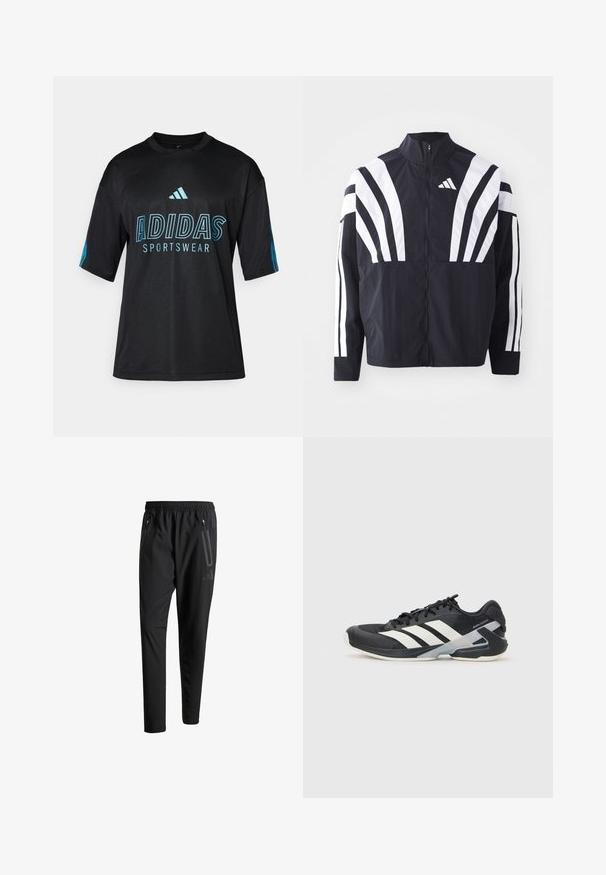 Casaco preto com colarinho alto, fecho completo e listras diagonais brancas em bold nas mangas. Feito de um tecido leve com uma textura suave.; Camisola desportiva preta da Adidas com textura em malha, mangas curtas, colarinho redondo e detalhes em azul com logotipo e texto na frente e nas mangas.; Calças de treino pretas com uma cintura elástica, dois bolsos laterais com fecho, pernas ajustadas e um discreto detalhe de logotipo no quadril.; Sapata atlética preta com riscas brancas, parte superior em malha, biqueira arredondada e sola acolchoada. Apresenta um calcanhar texturizado e um sistema de atacadores seguro.