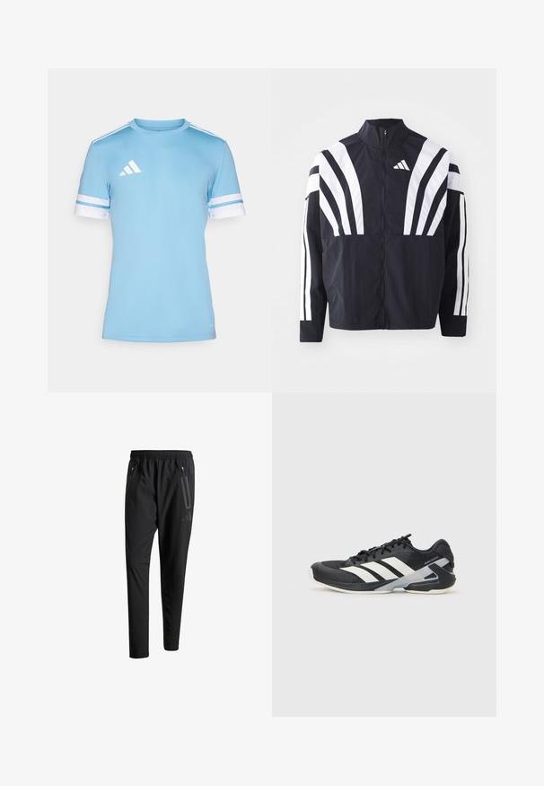 Mustat takki, jossa on korkea kaulus, täysivetoketju ja erittäin näkyvät valkoiset vinoraidat hihoissa. Valmistettu keveästä kankaasta, jolla on sileä rakenne.; Vaaleansininen urheilupaita, jossa on valkoisia yksityiskohtia, lyhythihaisilla hihoilla ja kolmella valkoisella raidalla olkapäissä. Valmistettu hengittävästä materiaalista.; Mustat urheiluhousut, joissa on joustava vyötärö, kaksi vetoketjullista sivutaskua, kapenevat lahkeet ja hillitty logokuvaus lonkalla.; Mustat urheilukengät valkoisilla raidoilla, verkkomateriaalia ylhäällä, pyöristetty kärki ja pehmustettu pohja. Varustettu teksturoidulla kantapäällä ja turvallisella nauhoitusjärjestelmällä.