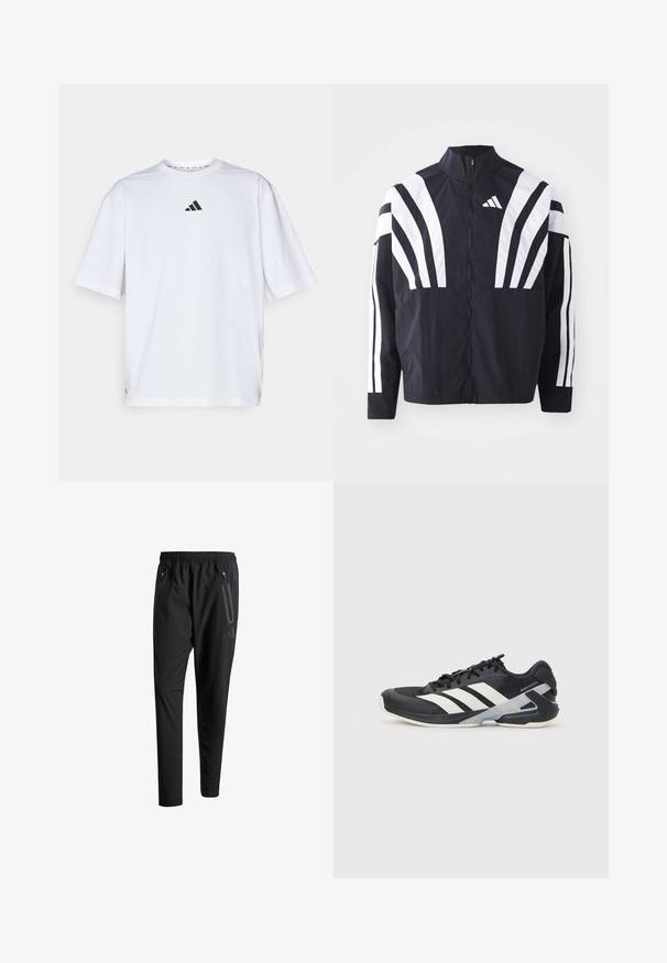 Svart jakke med høy krage, hel glidelås og markante hvite skråstriper på ermene. Laget av lett stoff med en glatt tekstur.; Hvit bomulls t-skjorte med en svart Adidas-logo på brystet, korte ermer, rund hals og sidesplitt ved kanten.; Svarte treningsbukser med elastisk liv, to glidelåslommer på sidene, avsmalnende ben og en subtil logo detalj ved hoften.; Svart treningssko med hvite striper, mesh-overdel, avrundet tå og polstret såle. Har en teksturert hæl og et sikkert snøresystem.
