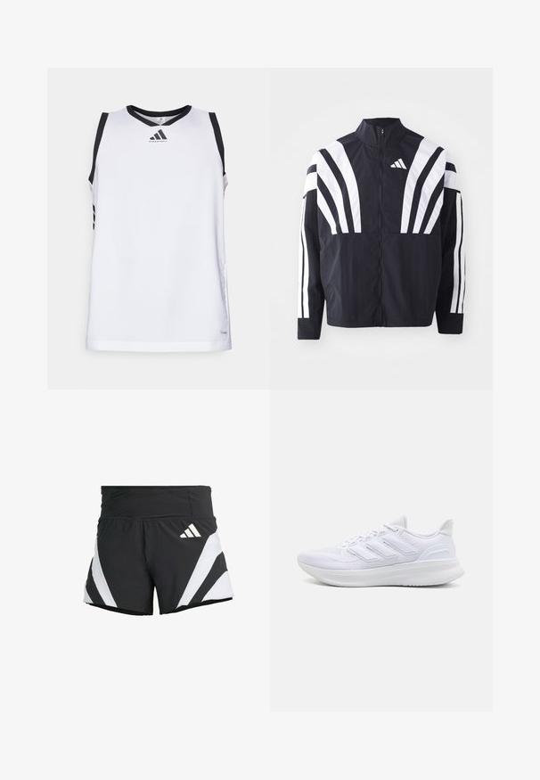 Schwarze Jacke mit hohem Kragen, durchgehendem Reißverschluss und kräftigen weißen diagonalen Streifen an den Ärmeln. Aus leichtem Stoff mit glatter Textur gefertigt.; Weißes Basketballtrikot mit schwarzem Kragen und Schulterakzenten, das ein Logo auf der Brust und drei schwarze Streifen an jeder Seite aufweist.; adidas Performance ADIZERO A M - Kurze Sporthose - black; Weiße Sportschuhe mit einem strukturierten Mesh-Obermaterial, einer stützenden gepolsterten Sohle und einem drei Streifen-Design an der Seite.