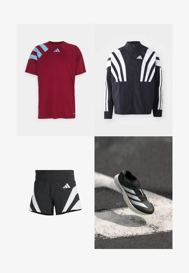 Melna jakas ar augstu apkakli, pilnu rāvējslēdzēju un drosmīgām baltām diagonālām svītrām uz piedurknēm. Izgatavota no viegla auduma ar gludu tekstūru.; Sarkans sporta krekls ar īsām piedurknēm, ar zilām svītrām uz kreisā pleca un nelielu baltu logo uz krūšu. Gluda tekstūra.; adidas Performance ADIZERO A M - Sporta šorti - black; Melnas sporta kurpes ar trim baltām svītrām, teksturētu virsmu, elegantu dizainu un izliekta zole, novietotas virs baltas līnijas uz asfaltu.