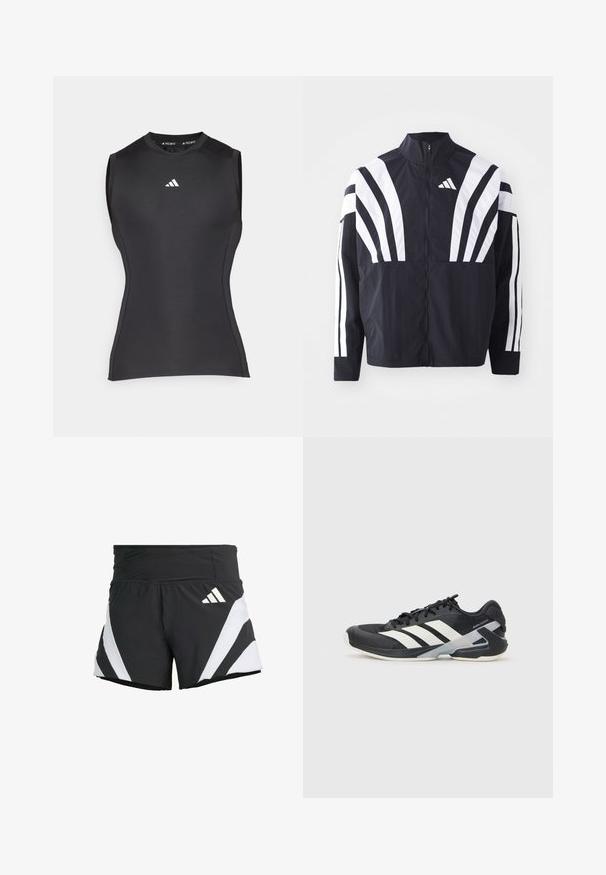 Mustat takki, jossa on korkea kaulus, täysivetoketju ja erittäin näkyvät valkoiset vinoraidat hihoissa. Valmistettu keveästä kankaasta, jolla on sileä rakenne.; Musta hihaton urheilu toppi, joka on valmistettu joustavasta kankaasta. Siinä on pyöreä kaula-aukko ja pieni valkoinen logo rinnassa. Sujuva pinta.; adidas Performance ADIZERO A M - Urheilushortsit - black; Mustat urheilukengät valkoisilla raidoilla, verkkomateriaalia ylhäällä, pyöristetty kärki ja pehmustettu pohja. Varustettu teksturoidulla kantapäällä ja turvallisella nauhoitusjärjestelmällä.