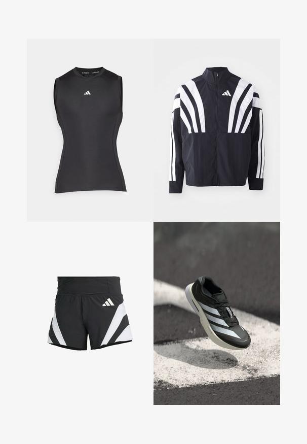 Črna jakna z visokim ovratnikom, popolnim zadrgo in boldnimi belimi diagonalnimi črtami na rokavih. Narejena iz lahkega materiala z gladko teksturo.; Črna brezrokavna atletska majica, izdelana iz raztegljivega materiala. Ima okroglo izrez in majhen bel logotip na prsih. Gladka tekstura.; adidas Performance ADIZERO A M - Športne kratke hlače - black; Črne športne čevlje z značilnimi tremi belimi črtami, z navpičnim zgornjim delom, elegantnim dizajnom in ukrivljenim podplatom, postavljeni nad belo črto na asfaltu.
