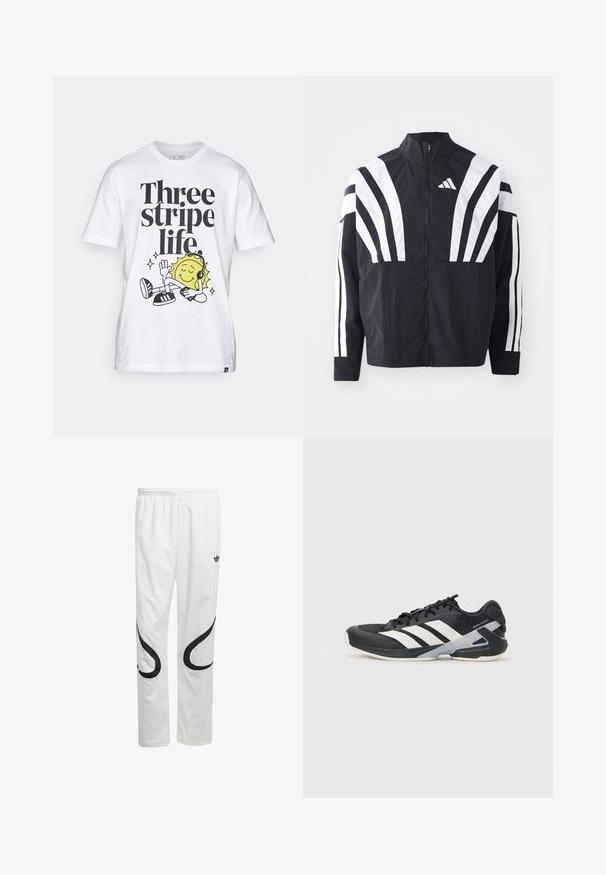 Černá bunda s vysokým límcem, plným zipem a výraznými bílými šikmými pruhy na rukávech. Vyrobena z lehké látky s hladkou texturou.; adidas Sportswear POSITIVITY GRAPHIC - Triko s potiskem - white; Bílé sportovní kalhoty s hladkým povrchem, zdobené černými křivými vzory na bocích a černým logem blízko pasu.; Černá sportovní obuv s bílými pruhy, síťovaným svrškem, zaoblenou špičkou a polstrovanou podrážkou. Obsahuje texturovanou patu a bezpečný systém šněrování.