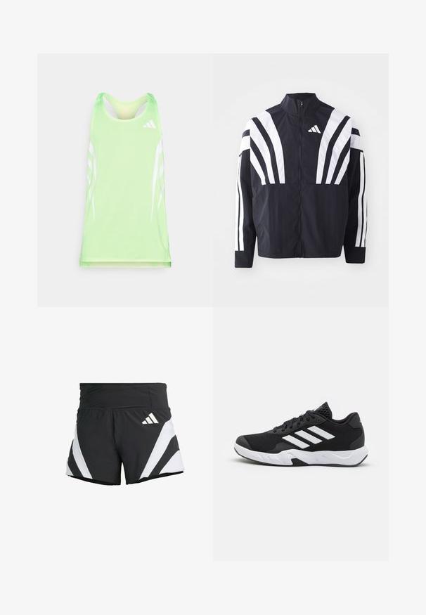 Schwarze Jacke mit hohem Kragen, durchgehendem Reißverschluss und kräftigen weißen diagonalen Streifen an den Ärmeln. Aus leichtem Stoff mit glatter Textur gefertigt.; Grünes Sporttanktop aus strukturiertem Mesh-Stoff, mit weißen diagonalen Streifen und einem Adidas-Logo auf der oberen rechten Seite.; adidas Performance ADIZERO A M - Kurze Sporthose - black; Schwarze Sportschuhe mit einem strukturierten Mesh-Obermaterial, weißen Akzentstreifen, einer gepolsterten Sohle und einer verstärkten Ferse für Unterstützung.