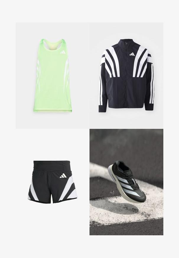Black jacket featuring a high collar, full zip, and bold white diagonal stripes on sleeves. Made from lightweight fabric with a smooth texture.; Green athletic tank top with a textured mesh fabric, featuring white diagonal stripes and an Adidas logo on the upper right side.; adidas Performance ADIZERO A M - Sports shorts - black; Black athletic shoe featuring three white stripes, textured upper, sleek design, and a curved sole, positioned above a white line on asphalt.