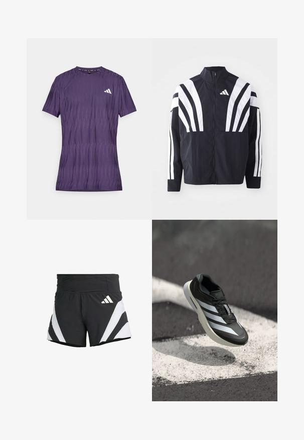 Czarna kurtka z wysokim kołnierzem, pełnym zamkiem błyskawicznym oraz wyrazistymi białymi ukośnymi paskami na rękawach. Wykonana z lekkiej tkaniny o gładkiej fakturze.; Fioletowa koszulka sportowa z teksturowanym wzorem, krótki rękaw i okrągły dekolt. Posiada białe logo na lewej piersi.; adidas Performance - Krótkie spodenki sportowe; Czarny but sportowy z trzema białymi paskami, teksturowana cholewka, smukły design i zakrzywiona podeszwa, umieszczony nad białą linią na asfalcie.