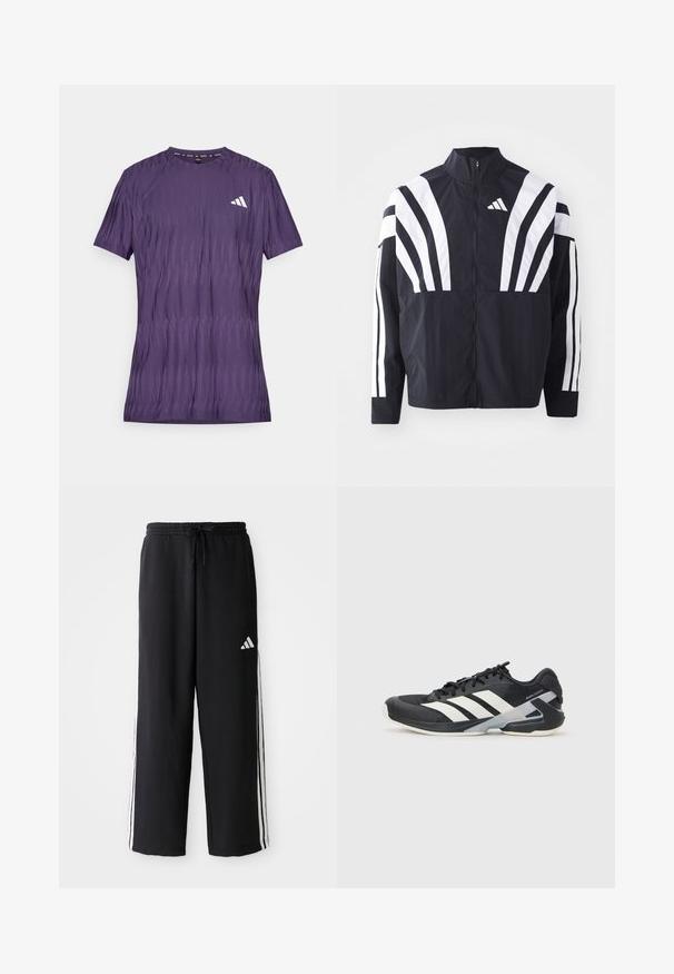 Chaqueta negra con cuello alto, cremallera completa y llamativas franjas diagonales blancas en las mangas. Fabricada en tejido ligero con una textura suave.; Camiseta deportiva morada con un patrón texturizado, mangas cortas y un cuello redondeado. Presenta un logo blanco en el lado izquierdo del pecho.; Pantalones de chándal negros de Adidas con detalles en las tres franjas blancas a los lados, cintura elástica con cordón y logo de Adidas en el muslo derecho.; Zapatilla deportiva negra con franjas blancas, parte superior de malla, punta redondeada y suela acolchada. Presenta un talón texturizado y un sistema de cordones seguro.