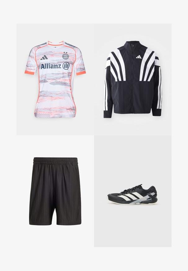 Zwarte jasje met een hoge kraag, volledige rits en gedurfde witte diagonale strepen op de mouwen. Gemaakt van lichtgewicht stof met een gladde textuur.; Witte voetbalshirt met abstracte patronen in roze en grijs, voorzien van korte mouwen, ronde halslijn en het Adidas-logo. Het "Allianz"-merk is prominent aanwezig.; Zwarte shorts met een elastische tailleband, voorzien van verticale streepjes en een lichtgewicht, gestructureerde stof. Lengte tot halverwege de dijen.; Zwarte sportschoen met witte strepen, bovenwerk van mesh, ronde neus en geveerde zool. Heeft een getextureerde hak en een veilig vetersysteem.