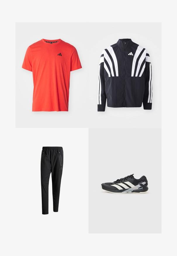 Fekete dzseki magas gallérral, teljes cipzárral és merész, fehér, átlós csíkokkal az ujjakon. Könnyű anyagból készült, sima tapintással.; adidas Performance TR-ES FR T - Sportfelső - bright red/black; Fekete sportos nadrág elasztikus derékpánttal, két cipzáras oldalt zsebbel, tapered lábakkal és diszkrét logóval a csípőn.; Fekete sportcipő fehér csíkokkal, hálós felsőrész, kerek orr és párnázott talp. Texturált sarokkal és biztonságos fűzőrendszerrel rendelkezik.