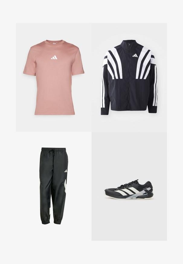 Giacca nera con colletto alto, zip completa e audaci strisce diagonali bianche sulle maniche. Realizzata in tessuto leggero con una texture morbida.; Maglietta sportiva rosa chiaro con maniche corte, collo a giro e logo Adidas bianco nella parte superiore sinistra. Tessuto morbido.; Pantaloni sportivi neri con vita elasticizzata, coulisse regolabile e dettagli laterali bianchi. Realizzati in materiale liscio e leggero.; Scarpa sportiva nera con strisce bianche, tomaia in rete, punta arrotondata e suola ammortizzata. Presenta un tallone testurizzato e un sistema di allacciatura sicuro.