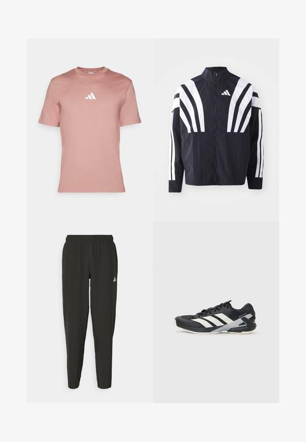 Juodas švarkas su aukštu kaklu, pilnu užtrauktuku ir ryškiomis baltomis įstrižomis juostelėmis ant rankovių. Pagamintas iš lengvos medžiagos su lygiu paviršiumi.; Šviesiai rožinė sportinė marškinėliai su trumpomis rankovėmis, apvaliu kaklu ir balta Adidas logotipu viršutiniame kairiajame kampe. Minkšta medžiagos tekstūra.; Juodos sportinės kelnės su elastingu liemeniu, siauro kirpimo, baltu logotipu kairėje kojoje. Lygus, lengvas audinys.; Juoda sportinė avalynė su baltais dryžiais, tinklinis viršus, apvalus pirštas ir paminkštinta padais. Yra tekstūruota kulno dalis ir saugi raištelių sistema.