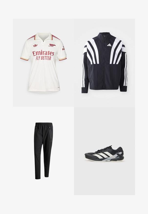 Casaco preto com colarinho alto, fecho completo e listras diagonais brancas em bold nas mangas. Feito de um tecido leve com uma textura suave.; adidas Performance ARSENAL FC 25/26 3RD JERSEY - Roupa de discoteca - cloud white/team coll burgundy; Calças de treino pretas com uma cintura elástica, dois bolsos laterais com fecho, pernas ajustadas e um discreto detalhe de logotipo no quadril.; Sapata atlética preta com riscas brancas, parte superior em malha, biqueira arredondada e sola acolchoada. Apresenta um calcanhar texturizado e um sistema de atacadores seguro.