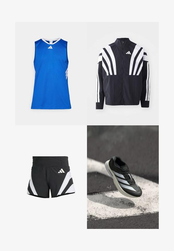 Fekete dzseki magas gallérral, teljes cipzárral és merész, fehér, átlós csíkokkal az ujjakon. Könnyű anyagból készült, sima tapintással.; Kék sportos ujjatlan trikó fehér kiegészítőkkel, kerek nyakkivágással és finom oldalsó csíkozással. Simább, könnyű anyagból készült.; adidas Performance ADIZERO A M - Sport rövidnadrágok - black; Fekete sportcipő, három fehér csíkkal, texturált felsőrész, elegáns dizájn és ívelt talp, egy fehér vonal felett aszfalton elhelyezve.