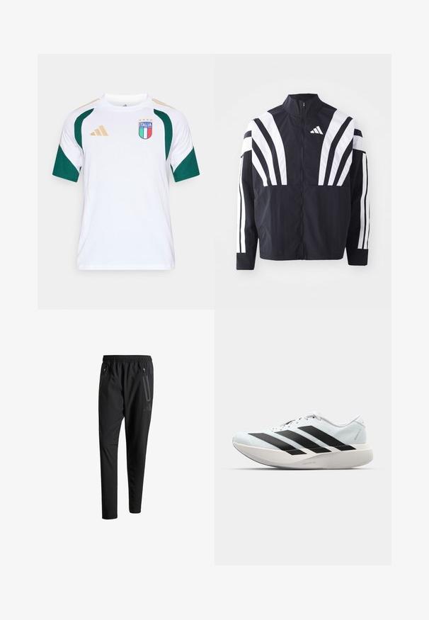 Černá bunda s vysokým límcem, plným zipem a výraznými bílými šikmými pruhy na rukávech. Vyrobena z lehké látky s hladkou texturou.; Bílá sportovní tričko s krátkými rukávy a zelenými akcenty, s modro-červeným logem "ITALIA" a čtyřmi zlatými hvězdami, a zlatými pruhy na ramenou.; Černé sportovní kalhoty s elastickým pasem, dvěma zipovými bočními kapsami, zúženými nohavicemi a decentním logem na boku.; Lehké běžecké boty v světle modré barvě s černými pruhy. Mají hladký svršek, kulatou špičku a silnou bílou mezipodešev označenou "LIGHTSTRIKE PRO."