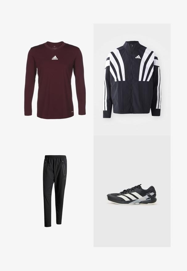 Schwarze Jacke mit hohem Kragen, durchgehendem Reißverschluss und kräftigen weißen diagonalen Streifen an den Ärmeln. Aus leichtem Stoff mit glatter Textur gefertigt.; Bordeauxfarbene Langarmbluse mit V-Ausschnitt. Mit dem Adidas-Logo in Weiß auf der oberen linken Brust. Glatte Stofftextur.; Schwarze Sporthose mit elastischem Bund, zwei Reißverschlusstaschen an den Seiten, schmal zulaufenden Beinen und einem dezenten Logo-Detail an der Hüfte.; Schwarzer Sportschuh mit weißen Streifen, Obermaterial aus Mesh, runde Zehenform und gepolstertem Sohlenteil. Verfügt über eine strukturierte Ferse und ein sicheres Schnürsystem.
