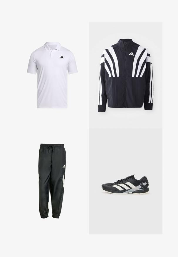 Černá bunda s vysokým límcem, plným zipem a výraznými bílými šikmými pruhy na rukávech. Vyrobena z lehké látky s hladkou texturou.; Bílá polokošile vyrobená z prodyšného materiálu s límečkem, se krátkými rukávy a černým logem Adidas na levé hrudi.; Černé sportovní kalhoty s elastickým pasem, nastavitelnou šn string a bílými bočními akcenty. Vyrobené z hladkého, lehkého materiálu.; Černá sportovní obuv s bílými pruhy, síťovaným svrškem, zaoblenou špičkou a polstrovanou podrážkou. Obsahuje texturovanou patu a bezpečný systém šněrování.