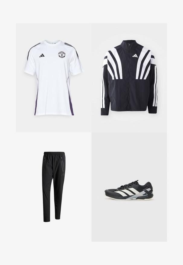 Svart jakke med høy krage, hel glidelås og markante hvite skråstriper på ermene. Laget av lett stoff med en glatt tekstur.; Hvit sportskjorte med korte ermer, med svarte og lilla sideaksenter, som har Manchester United-logoen og tre svarte striper på skuldrene.; Svarte treningsbukser med elastisk liv, to glidelåslommer på sidene, avsmalnende ben og en subtil logo detalj ved hoften.; Svart treningssko med hvite striper, mesh-overdel, avrundet tå og polstret såle. Har en teksturert hæl og et sikkert snøresystem.