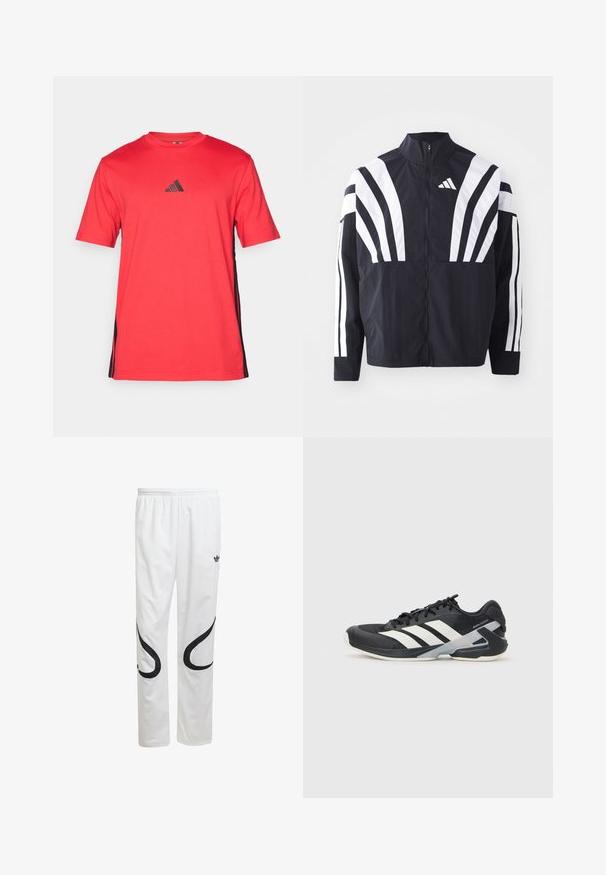 Melna jakas ar augstu apkakli, pilnu rāvējslēdzēju un drosmīgām baltām diagonālām svītrām uz piedurknēm. Izgatavota no viegla auduma ar gludu tekstūru.; Sarkans īsām piedurknēm T-krekls ar apaļu kaklu, uz krūšu daļas ir melns Adidas logo un melnas sānu svītras. Izgatavots no mīkstas auduma.; Baltas sporta bikses ar gludu faktūru, ar melniem izliektiem rakstiem sānos un melnu logo pie jostasvietas.; Melnas sporta kurpes ar baltām svītrām, acs augšdaļa, noapaļots pirksts un mīksts zole. Iespējams ar teksturētu papēdi un drošu šņoru sistēmu.
