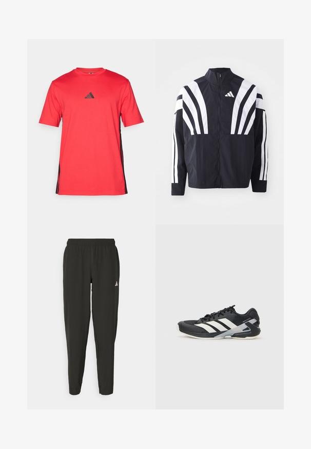 Juodas švarkas su aukštu kaklu, pilnu užtrauktuku ir ryškiomis baltomis įstrižomis juostelėmis ant rankovių. Pagamintas iš lengvos medžiagos su lygiu paviršiumi.; Raudona trumpomis rankovėmis marškinėliai su apvaliu kaklu, kuriuose ant krūtinės yra juodas Adidas logotipas ir juodos šoninės juostelės. Pagaminti iš minkštos medžiagos.; Juodos sportinės kelnės su elastingu liemeniu, siauro kirpimo, baltu logotipu kairėje kojoje. Lygus, lengvas audinys.; Juoda sportinė avalynė su baltais dryžiais, tinklinis viršus, apvalus pirštas ir paminkštinta padais. Yra tekstūruota kulno dalis ir saugi raištelių sistema.