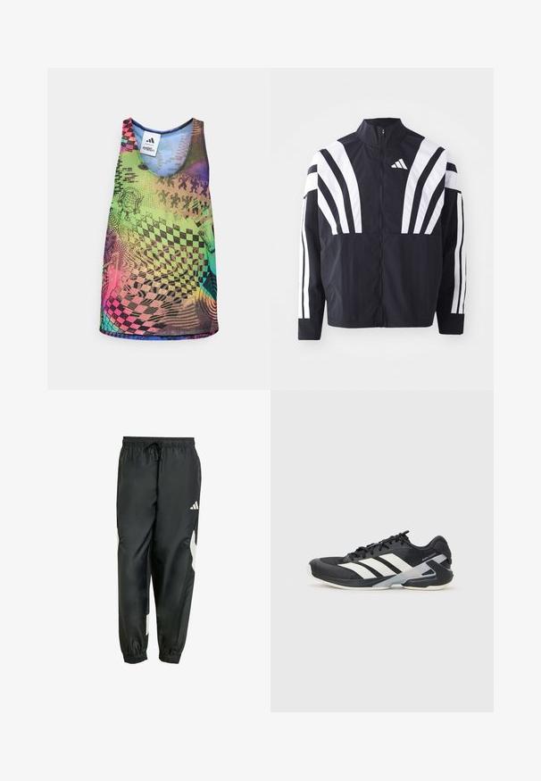 Chaqueta negra con cuello alto, cremallera completa y llamativas franjas diagonales blancas en las mangas. Fabricada en tejido ligero con una textura suave.; Top de tirantes multicolor con patrones geométricos vibrantes, incluyendo tableros de ajedrez y espirales, en tonos de verde, rosa, azul y púrpura.; Pantalones deportivos negros con cintura elástica, cordón ajustable y acentos laterales blancos. Fabricados en un material suave y ligero.; Zapatilla deportiva negra con franjas blancas, parte superior de malla, punta redondeada y suela acolchada. Presenta un talón texturizado y un sistema de cordones seguro.