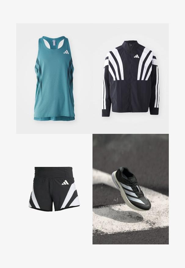 Juodas švarkas su aukštu kaklu, pilnu užtrauktuku ir ryškiomis baltomis įstrižomis juostelėmis ant rankovių. Pagamintas iš lengvos medžiagos su lygiu paviršiumi.; Šviesiai mėlynas sportinis marškinėlis su tekstūruota tinklo raštu, su juodomis įstrižainėmis juostelėmis ir baltu logotipu viršutiniame kairiajame kampučio.; adidas Performance ADIZERO A M - Sportiniai šortai - black; Juodų sportinių batelių dizainas su trimis baltais dryžiais, tekstūruota viršūne, elegantiška išvaizda ir išlenktu padu, padėtas virš baltos linijos ant asfalto.