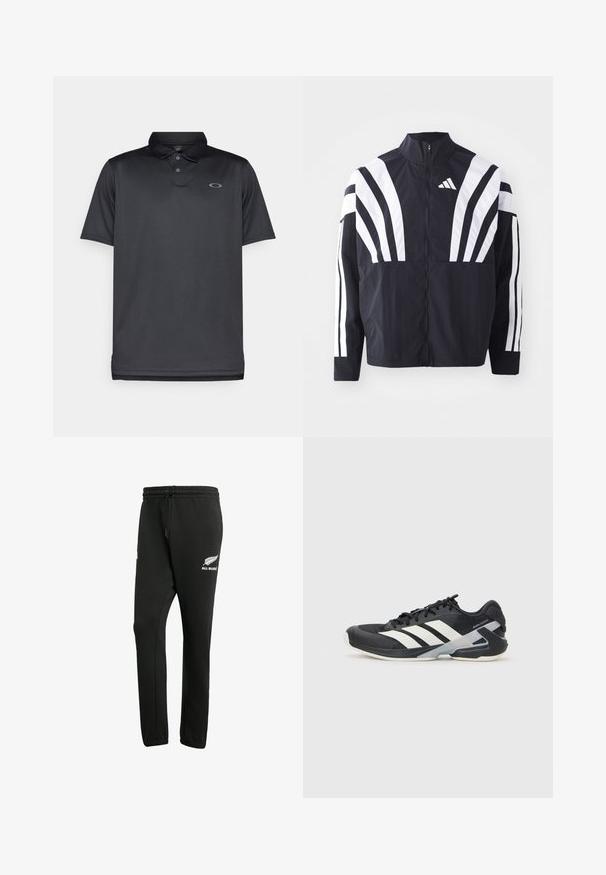 Giacca nera con colletto alto, zip completa e audaci strisce diagonali bianche sulle maniche. Realizzata in tessuto leggero con una texture morbida.; Polo shirt nera realizzata in tessuto liscio, con colletto, tre bottoni, maniche corte e un piccolo logo grigio sul lato sinistro del petto.; Pantaloni della tuta neri realizzati in tessuto misto cotone, con vita elastica dotata di cordoncino e logo bianco "All Blacks" sulla gamba sinistra.; Scarpa sportiva nera con strisce bianche, tomaia in rete, punta arrotondata e suola ammortizzata. Presenta un tallone testurizzato e un sistema di allacciatura sicuro.