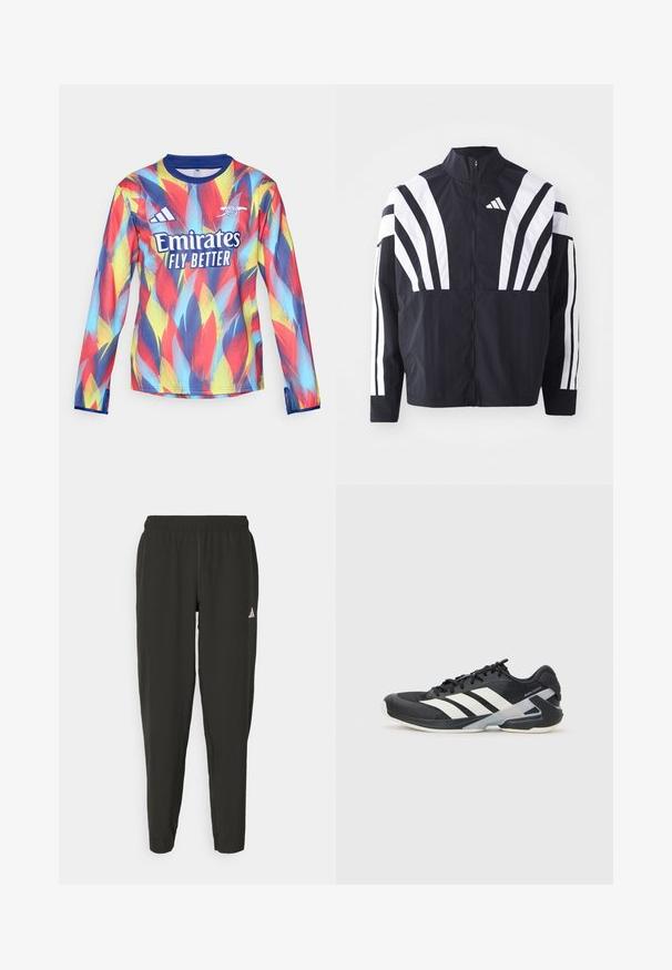 Zwarte jasje met een hoge kraag, volledige rits en gedurfde witte diagonale strepen op de mouwen. Gemaakt van lichtgewicht stof met een gladde textuur.; adidas Performance ARSENAL FC 25/26 PRE-MATCH WARM TOP - Fanartikel - victory blue/pure ruby/bright yellow/bright cyan; Zwarte sportbroek met een elastische tailleband, slim fit en een wit logo op het linkerbeen. Soepele, lichte stof.; Zwarte sportschoen met witte strepen, bovenwerk van mesh, ronde neus en geveerde zool. Heeft een getextureerde hak en een veilig vetersysteem.
